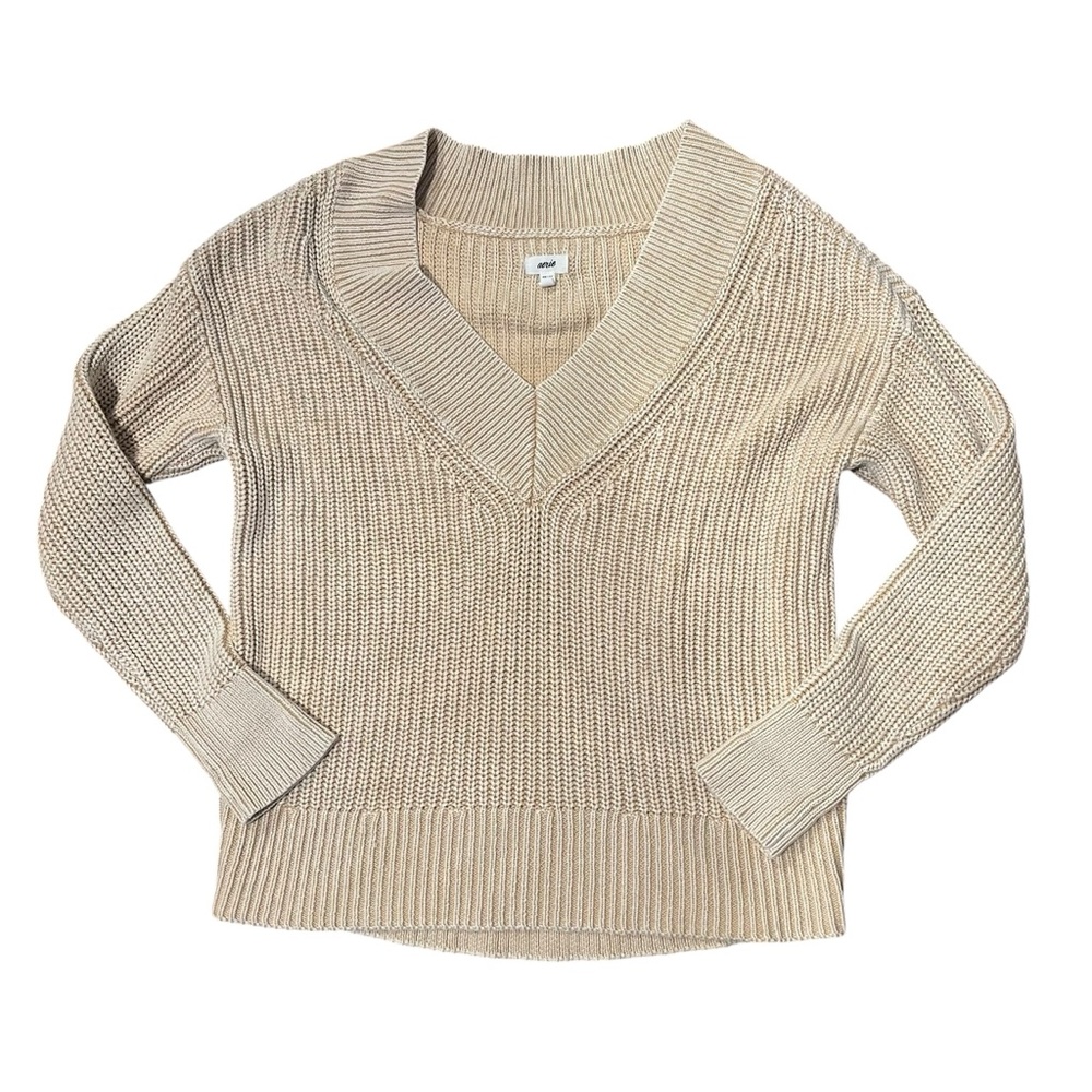 Aerie Women XS Sandalwood Tan V Neck Oversized Pullover Sweater Cozy Winter